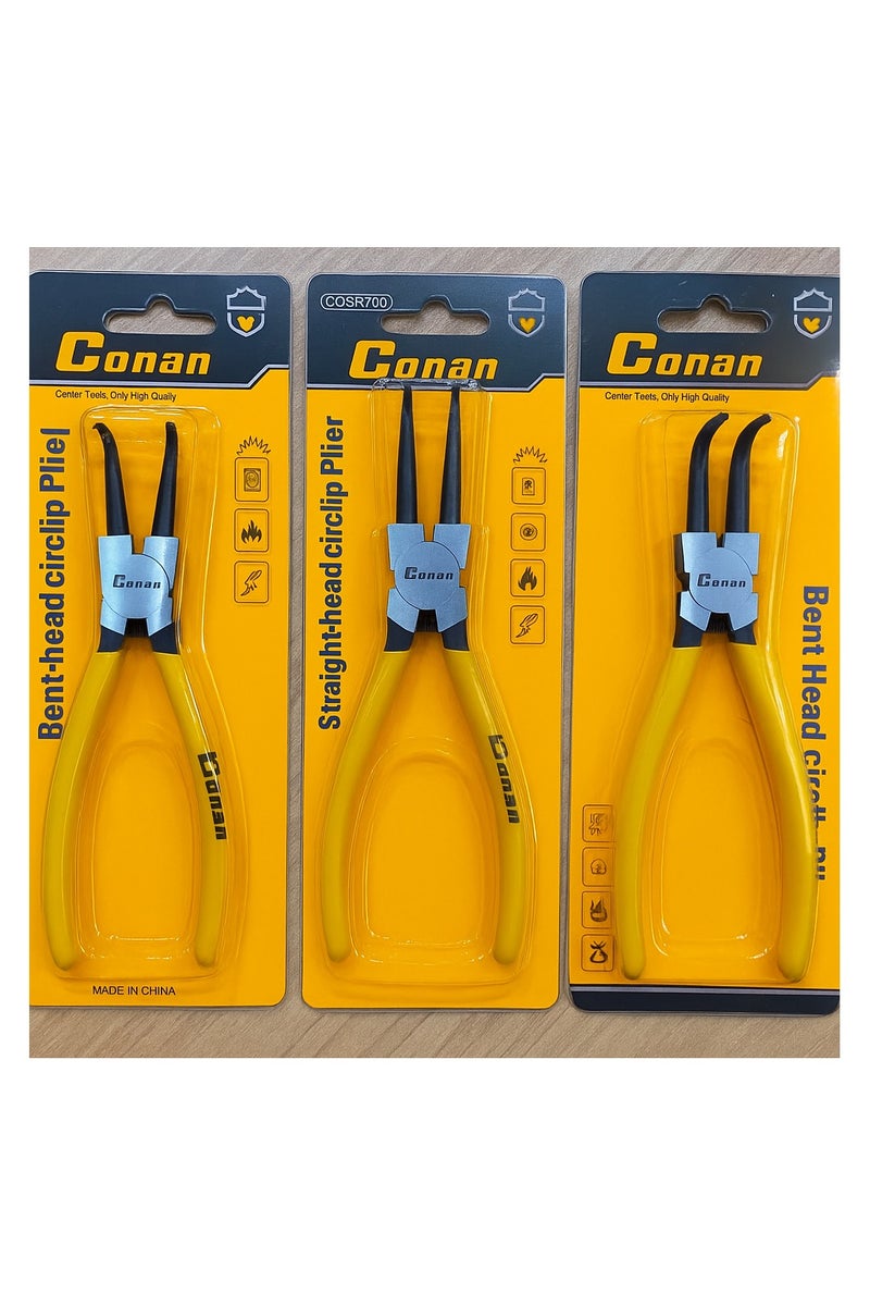 Conan 3-Piece Snap Ring Plier Set – 1 Straight & 2 Bent Head Circlip Pliers – 7" (180mm)