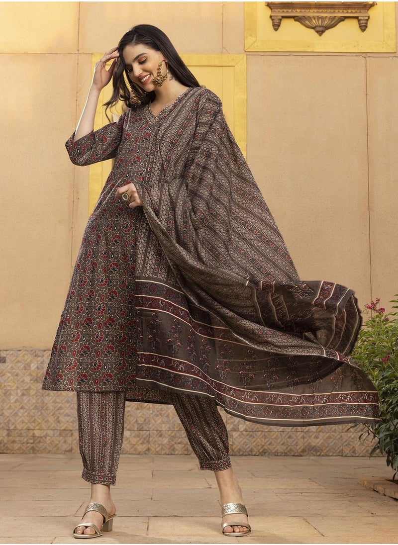 ISHIN Women's Multicoloured 100% Cotton Embellished Tunic Full Length Casual Straight Fit Kurta Set  - Image 1