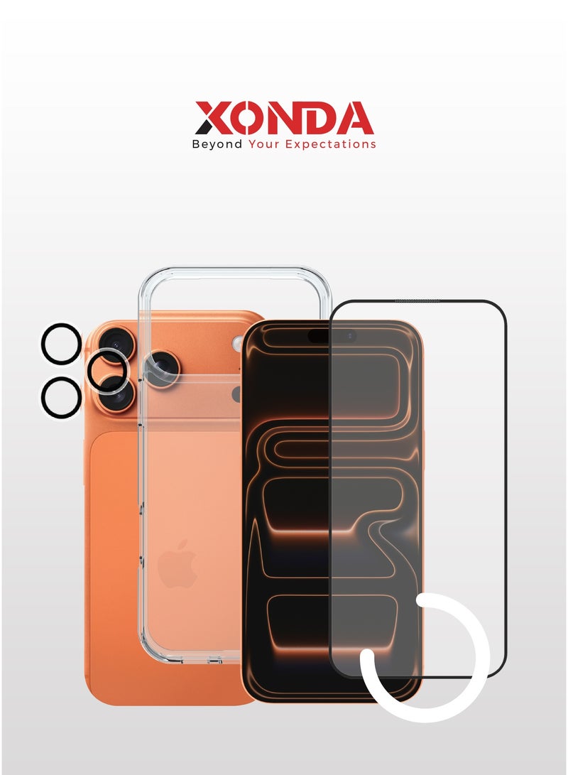 زوندا بكج حماية 3 في 1 لايفون 17 برو – كفر شفاف مقاوم للإصفرار، حماية شاشة مقاومة للكسر، غطاء كاميرا عالي الوضوح. - Image 1