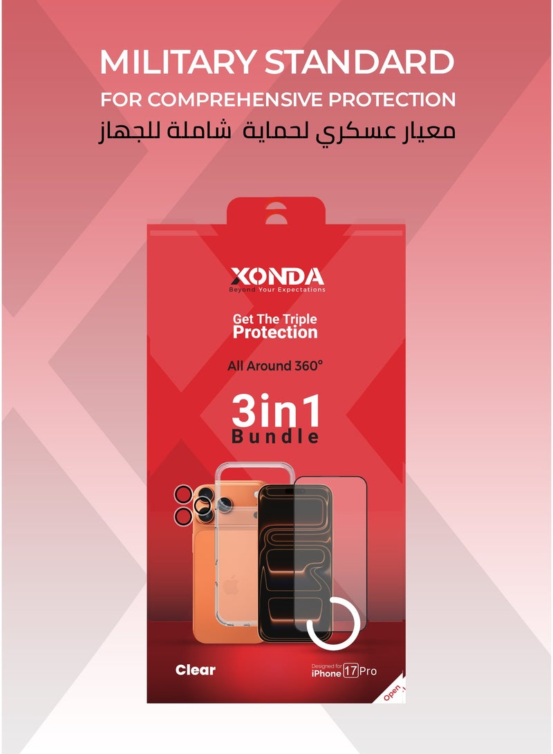 زوندا بكج حماية 3 في 1 لايفون 17 برو – كفر شفاف مقاوم للإصفرار، حماية شاشة مقاومة للكسر، غطاء كاميرا عالي الوضوح. - Image 5
