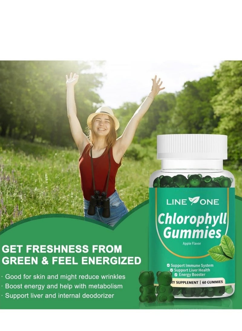 LINE ONE Chlorophyll Ashwagandha Gummies - Immune & Liver Support Energy Booster Apple Flavor Vegan 60 Count - Image 3