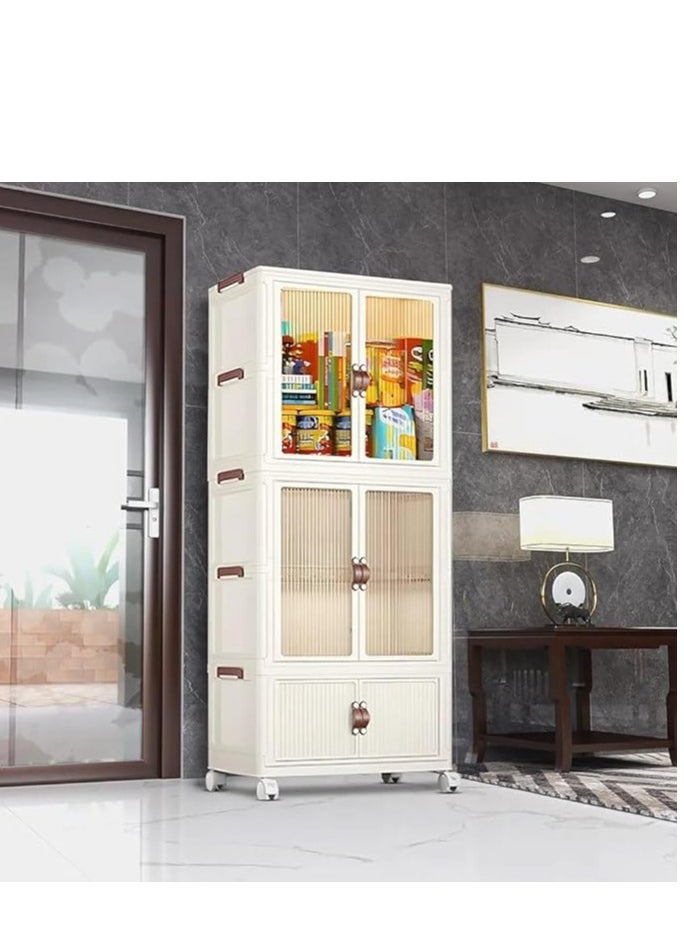 Mana - Wardrobe, two portable clothing storage shelves, clothing rack with drawers, large foldable plastic wardrobe on wheels for bedroom, nursery, and clothes - cream white - Image 1