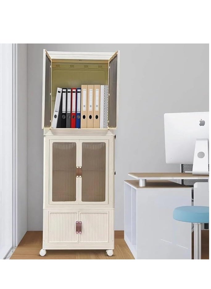 Mana - Wardrobe, two portable clothing storage shelves, clothing rack with drawers, large foldable plastic wardrobe on wheels for bedroom, nursery, and clothes - cream white - Image 1