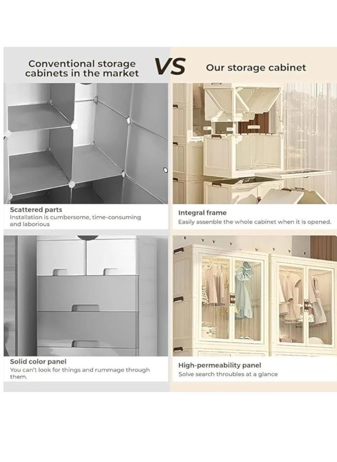 Mana - Wardrobe, two portable clothing storage shelves, clothing rack with drawers, large foldable plastic wardrobe on wheels for bedroom, nursery, and clothes - cream white - Image 1