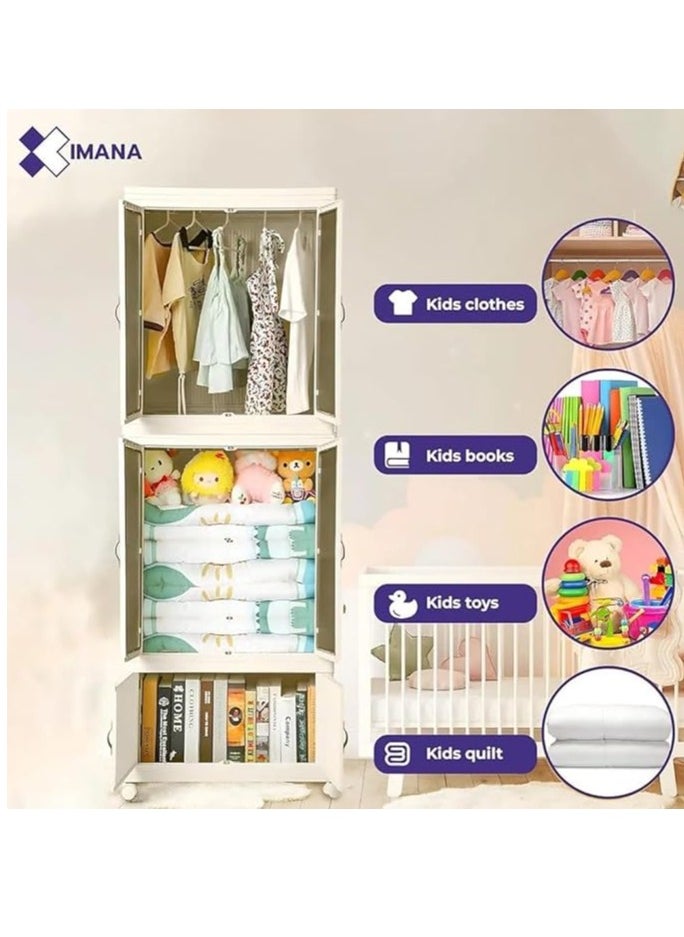 Mana - Wardrobe, two portable clothing storage shelves, clothing rack with drawers, large foldable plastic wardrobe on wheels for bedroom, nursery, and clothes - cream white - Image 1