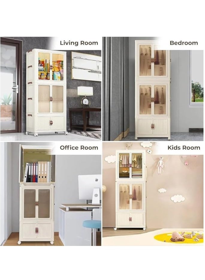 Mana - Wardrobe, two portable clothing storage shelves, clothing rack with drawers, large foldable plastic wardrobe on wheels for bedroom, nursery, and clothes - cream white - Image 1