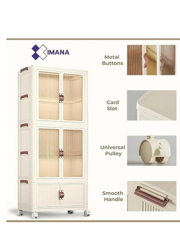 Mana - Wardrobe, two portable clothing storage shelves, clothing rack with drawers, large foldable plastic wardrobe on wheels for bedroom, nursery, and clothes - cream white - Image 1