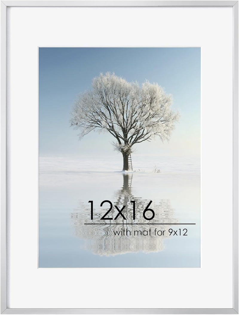 FLYJOE 12x16 Metal Picture Frame for Wall With Mat for 9x12, 12''x16'' Aluminum Certificate Document Frames With Plexiglass, Minimalist Modern Poster Frame Horizontally And Vertically, Silver - Image 1