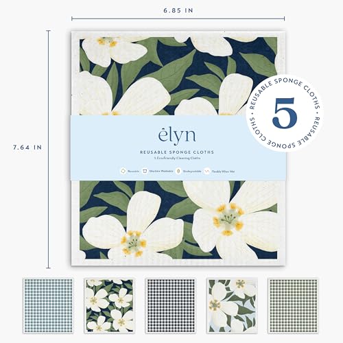 ELYN Swedish Dishcloths, Reusable & Washable Sponge Cloths, Absorbent Cleaning Paper Towels for Kitchen, Dishes, Counters and More, 5 Pack, Assorted Magnolia & Gingham Patterns - Image 2
