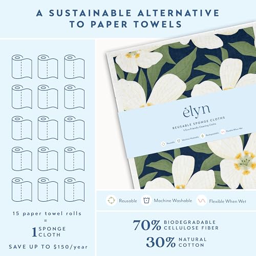 ELYN Swedish Dishcloths, Reusable & Washable Sponge Cloths, Absorbent Cleaning Paper Towels for Kitchen, Dishes, Counters and More, 5 Pack, Assorted Magnolia & Gingham Patterns - Image 3