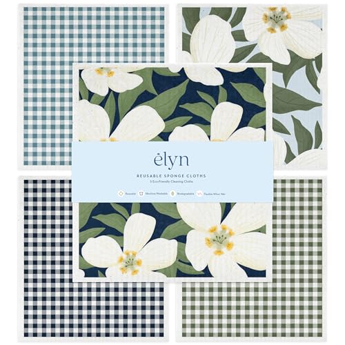 ELYN Swedish Dishcloths, Reusable & Washable Sponge Cloths, Absorbent Cleaning Paper Towels for Kitchen, Dishes, Counters and More, 5 Pack, Assorted Magnolia & Gingham Patterns - Image 1