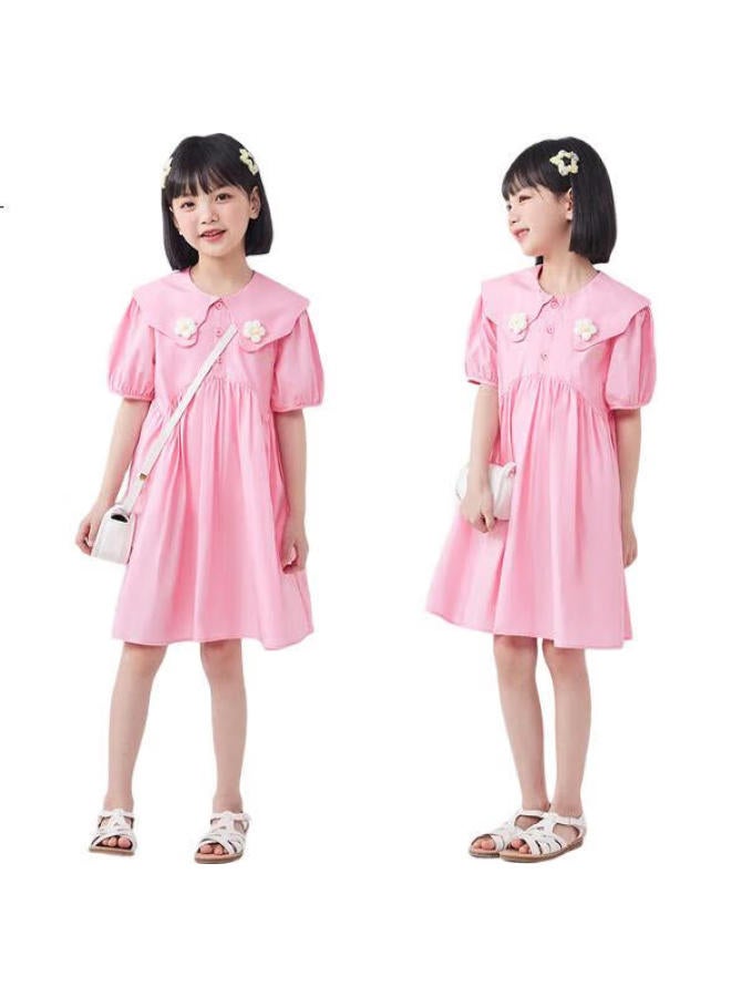 Qq Duck Girls' Dress, Children'S Summer Dress, Youth Clothing, Sweet Heart Collar, Pink, Size 150 - Image 1