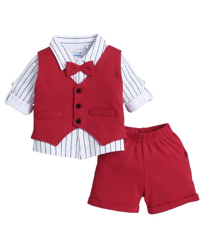 BUMZEE Boys Cotton Shirt Waistcoat & Short Set With Applique Bow White & Red - 12-18 Months - Image 1