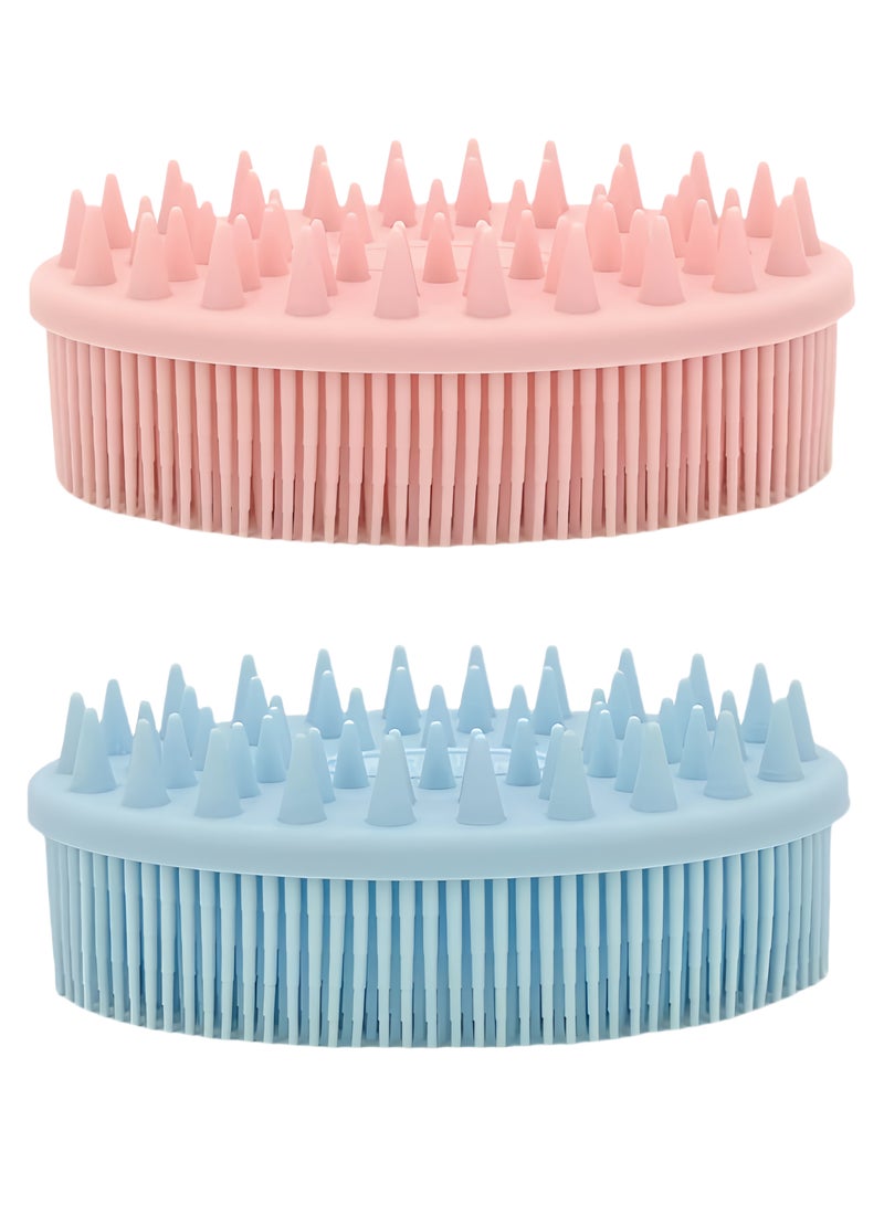 فرشاة استحمام وشامبو 2 في 1 مطورة من قطعتين، مقشر للجسم من السيليكون للاستخدام أثناء الاستحمام، فرشاة تقشير للجسم، ليفة سيليكون ممتازة، مقشر للرأس، مدلك/فرشاة لفروة الرأس، مبللة وجافة، سهلة التنظيف (أزرق + وردي) - Image 1