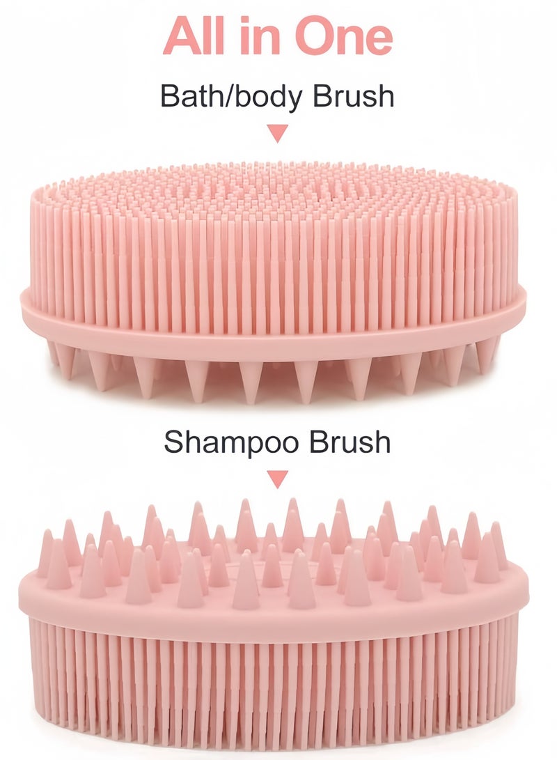 فرشاة استحمام وشامبو 2 في 1 مطورة من قطعتين، مقشر للجسم من السيليكون للاستخدام أثناء الاستحمام، فرشاة تقشير للجسم، ليفة سيليكون ممتازة، مقشر للرأس، مدلك/فرشاة لفروة الرأس، مبللة وجافة، سهلة التنظيف (أزرق + وردي) - Image 2