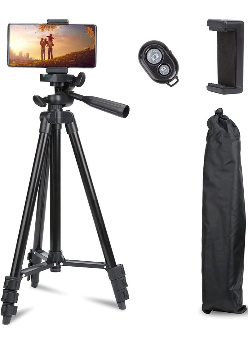 Phone Tripod, 50" Extendable Travel Video Tripod Stand for Phone and Camera with Bluetooth Remote Shutter and Phone Clip, Compatible with iPhone & Android Phone - Image 1
