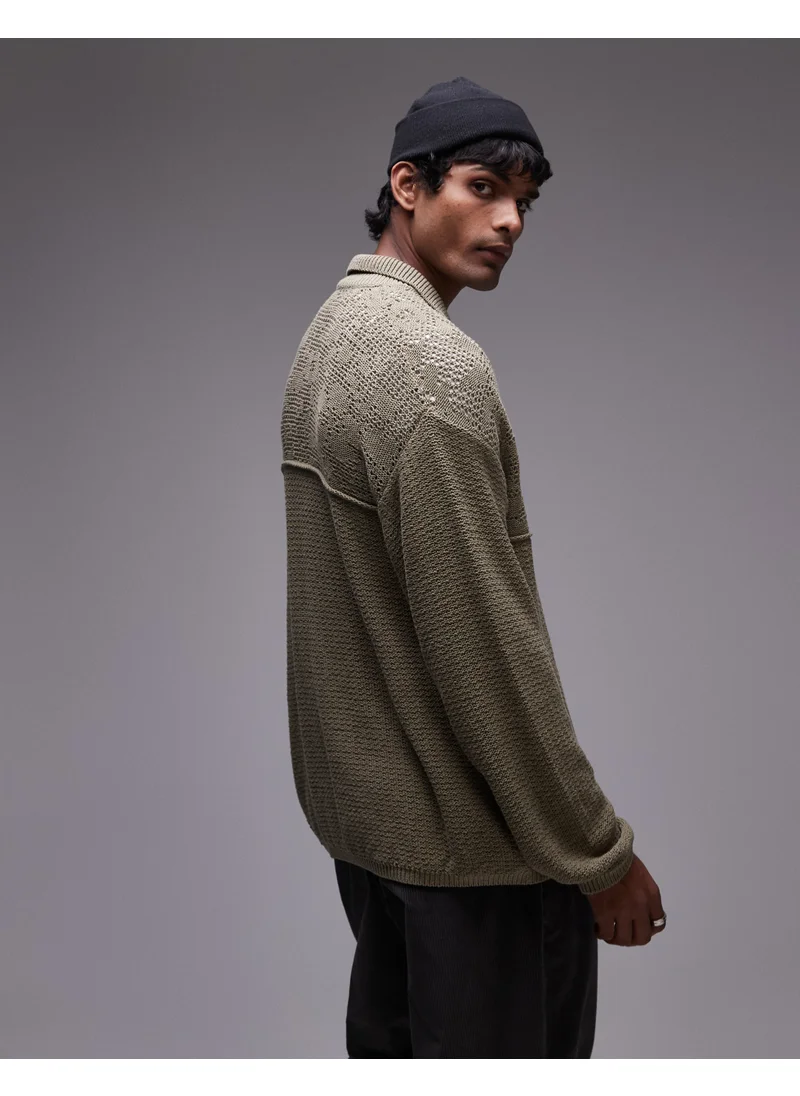 توب مان Mixed Pattern Crochet Long Sleeve Polo Wit