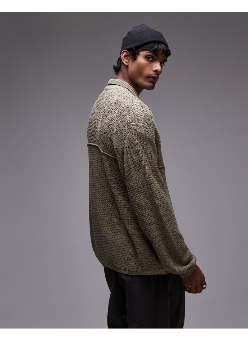 TOPMAN Mixed Pattern Crochet Long Sleeve Polo Wit  - Image 2