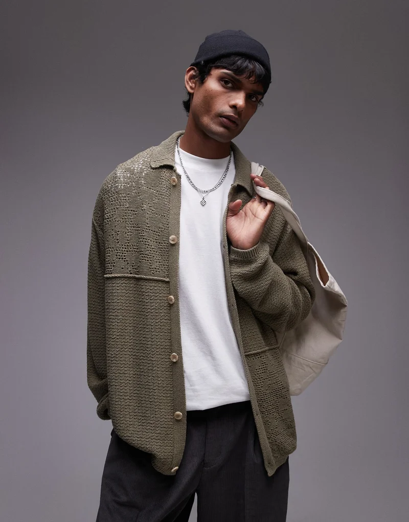 TOPMAN Mixed Pattern Crochet Long Sleeve Polo Wit