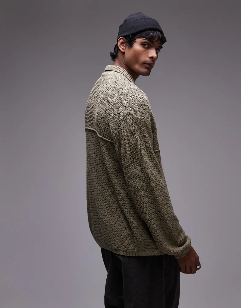 TOPMAN Mixed Pattern Crochet Long Sleeve Polo Wit