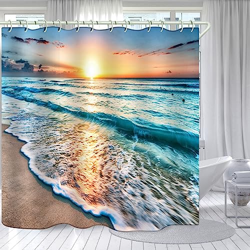 LYFANS Bathroom Uses Beach Sunset 3D Shower Curtains Luxurious Bathtub Standard Shower Curtain Waterproof and Bright Fabric Shower Curtains 59x72 inches - Image 1