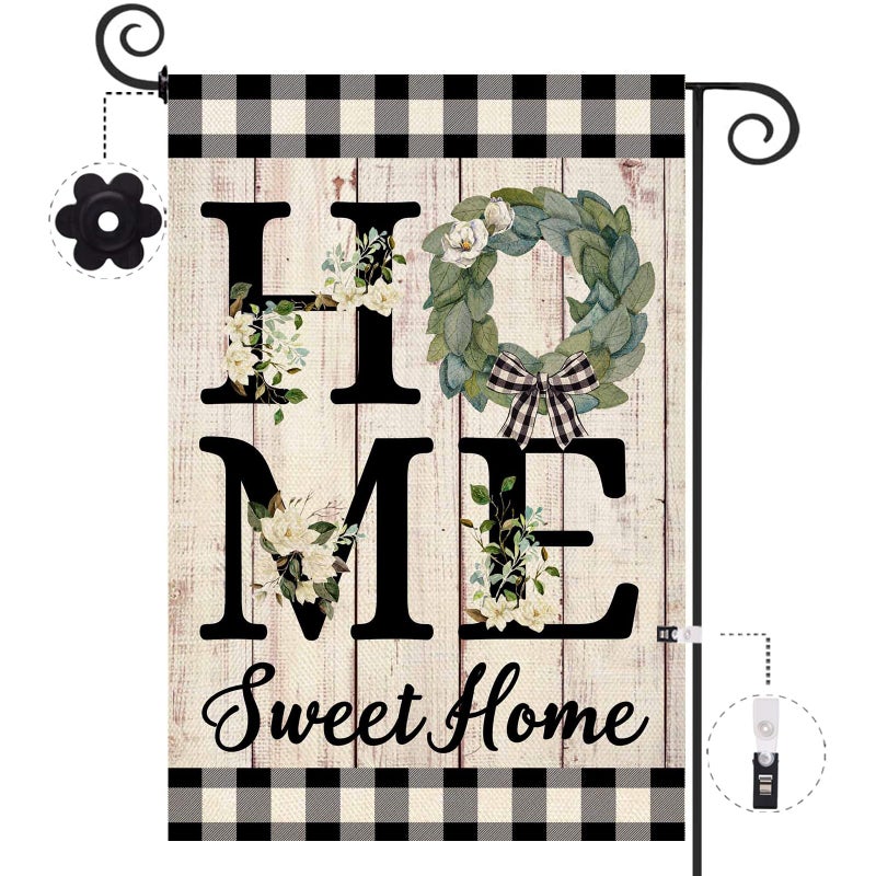 ORTIGIA Home Sweet Home Magnolia Garden Flag Double Sided 12.5x18 Inch Spring Summer Buffalo Plaid Check Small Yard Flag Burlap Vertical Farmhouse Rustic Outside Outdoor Lawn Patio Decor - Image 1