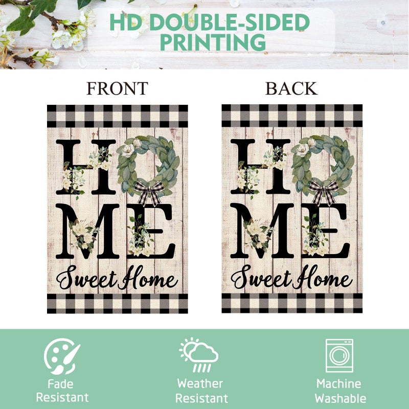 ORTIGIA Home Sweet Home Magnolia Garden Flag Double Sided 12.5x18 Inch Spring Summer Buffalo Plaid Check Small Yard Flag Burlap Vertical Farmhouse Rustic Outside Outdoor Lawn Patio Decor - Image 5
