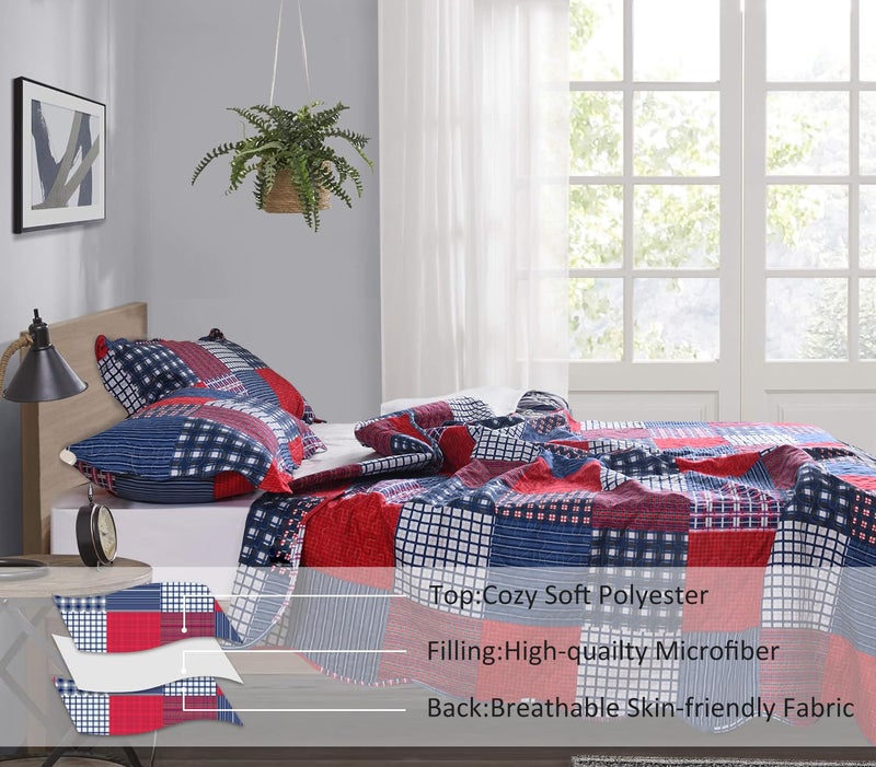 JessyHome Jessy Home Plaid Quilt Set Queen Bedspreads Coverlet Set Red Blue White Patchwork Queen Size Quilt Set Bedding Soft Lightweight Quilts Coverlet Country Reversible Quilt Bed Spread with 2 Pillow Shams - Image 3