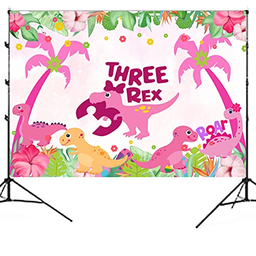 BEOXAGAR 5ft3ft Dinosaur Birthday Party Photo BackdropThree DinoRex Birthday Party Decorations GirlPink Dino 3rd Birthday Party Decorations BackdropDinosaur Birthday Party Supplies 3 Year Old Girl - Image 1