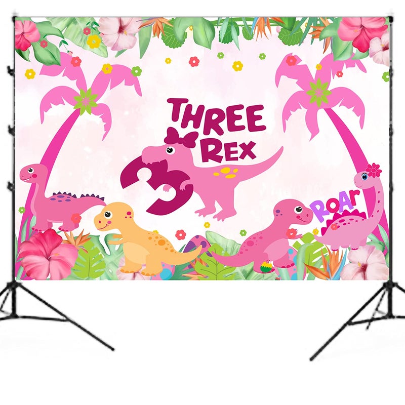 BEOXAGAR 5ft3ft Dinosaur Birthday Party Photo BackdropThree DinoRex Birthday Party Decorations GirlPink Dino 3rd Birthday Party Decorations BackdropDinosaur Birthday Party Supplies 3 Year Old Girl - Image 3