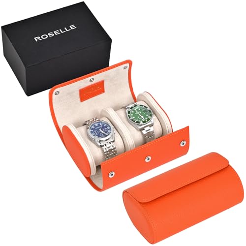 ROSELLE Genuine Leather Watch Roll Travel Case Watch Roll Case For 2 Watches With Luxury Lining Protect TravelStore and Display Fine Watches2 Slot Orange - Image 1