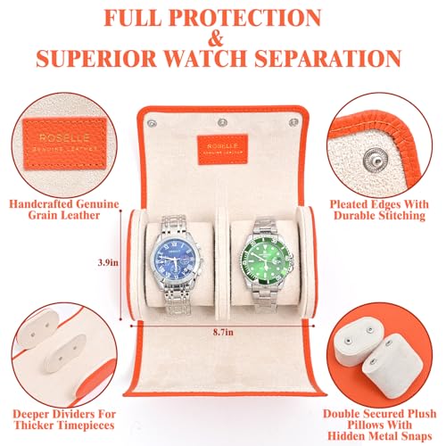 ROSELLE Genuine Leather Watch Roll Travel Case Watch Roll Case For 2 Watches With Luxury Lining Protect TravelStore and Display Fine Watches2 Slot Orange - Image 3