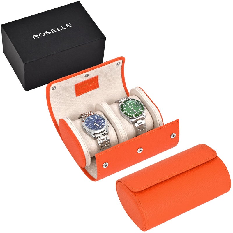 ROSELLE Genuine Leather Watch Roll Travel Case Watch Roll Case For 2 Watches With Luxury Lining Protect TravelStore and Display Fine Watches2 Slot Orange - Image 2