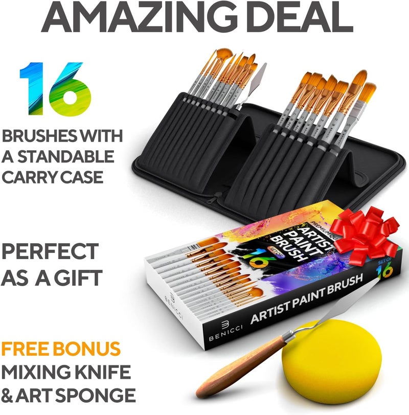 Benicci 18 Pieces Premium Artist Paint Brush Set - Includes Palette Knife, Sponge, Organizing Case - 16 Painting Brushes for Kids, Adults & Professionals - Perfect for Watercolor, Oil, Acrylic Painting Art - Image 3