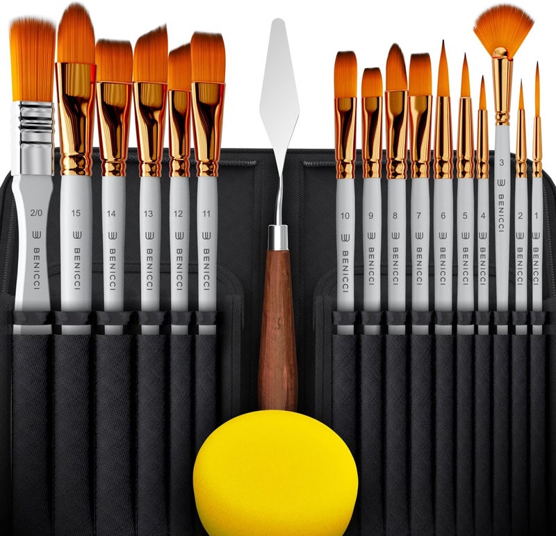 Benicci 18 Pieces Premium Artist Paint Brush Set - Includes Palette Knife, Sponge, Organizing Case - 16 Painting Brushes for Kids, Adults & Professionals - Perfect for Watercolor, Oil, Acrylic Painting Art - Image 2