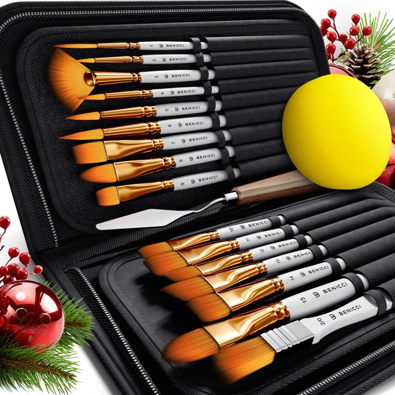 Benicci 18 Pieces Premium Artist Paint Brush Set - Includes Palette Knife, Sponge, Organizing Case - 16 Painting Brushes for Kids, Adults & Professionals - Perfect for Watercolor, Oil, Acrylic Painting Art - Image 1