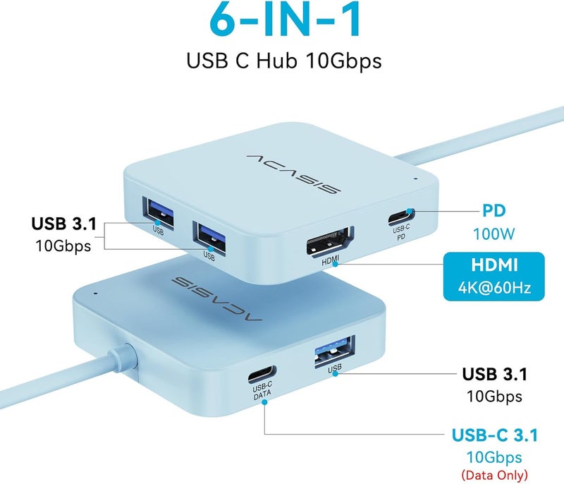 أكاسيس محور USB-C، محول متعدد المنافذ مع HDMI بدقة 4K@60، توصيل طاقة 100 واط، 3 منافذ USB-A + منفذ بيانات USB-C 3.1، محول USB إلى HDMI لأجهزة MacBook وDell وLenovo وSurface وiPad PRO وXPS (أزرق) - Image 2