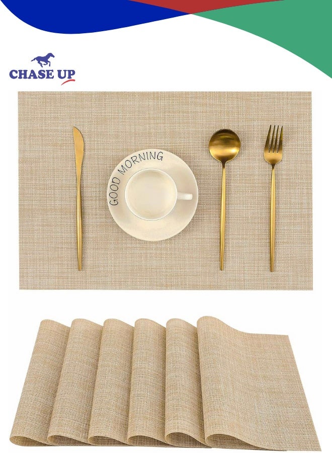 Chase Up Beige Placemats Set of 6 - Heat Resistant Non-Slip Place mats for Dining Table, Washable Durable PVC Vinyl Woven Table Mats（Beige, 6） - Image 1