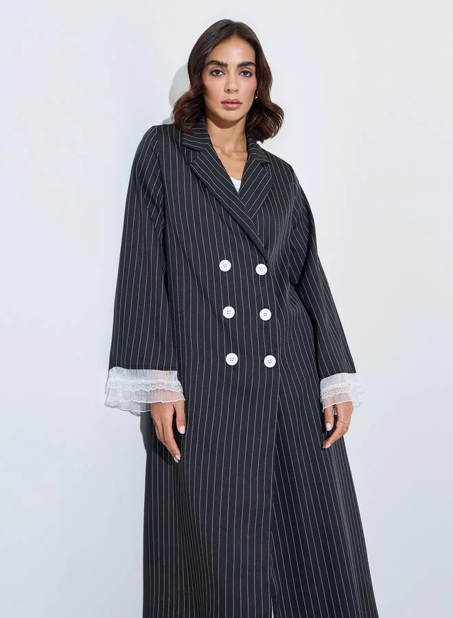 Amirah Black Striped Double Breasted Abaya with Lace Cuffs