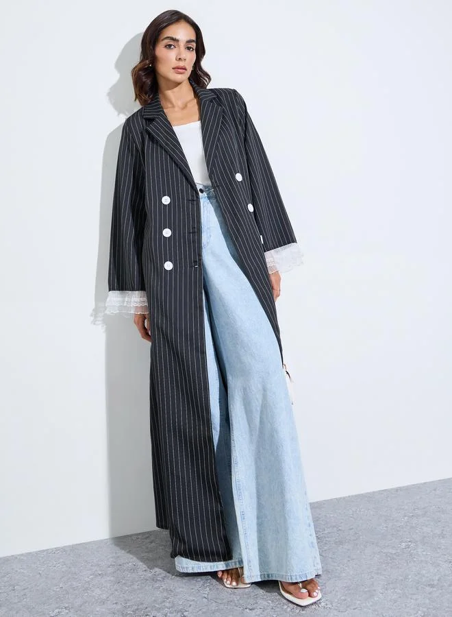 Amirah Black Striped Double Breasted Abaya with Lace Cuffs