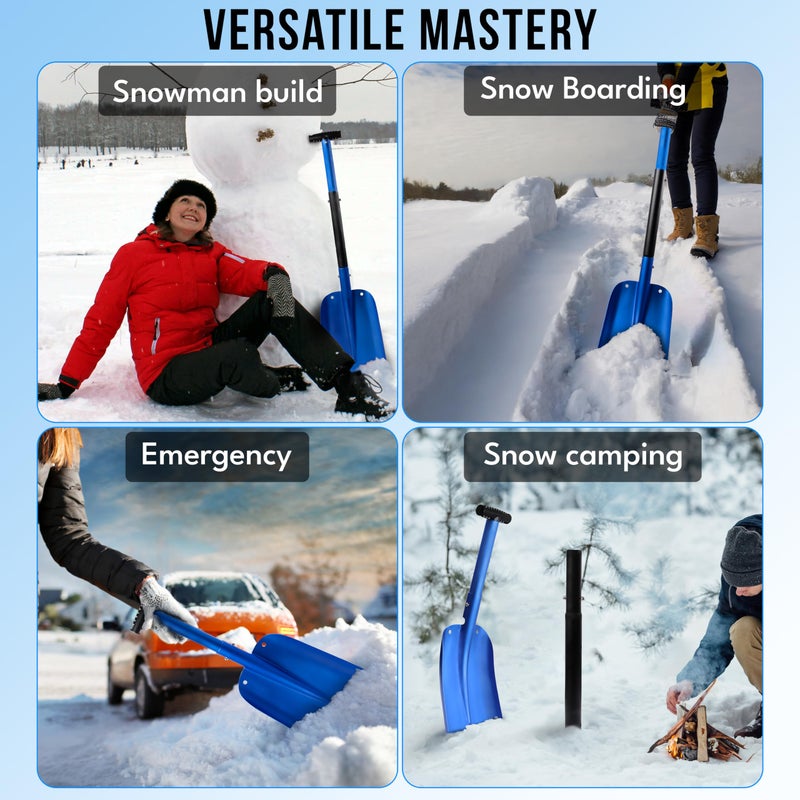 EcoNour 32" Multipurpose Snow Shovel for Car Driveway | Lightweight Aluminum Shovel for Snow, Sand, and Garden Use | Heavy-Duty, Foldable 3-Piece Shovel for Car, Home, and Outdoors (Blue) - Image 2