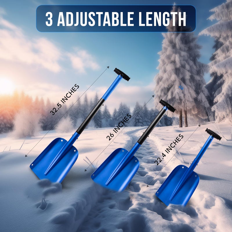EcoNour 32" Multipurpose Snow Shovel for Car Driveway | Lightweight Aluminum Shovel for Snow, Sand, and Garden Use | Heavy-Duty, Foldable 3-Piece Shovel for Car, Home, and Outdoors (Blue) - Image 3