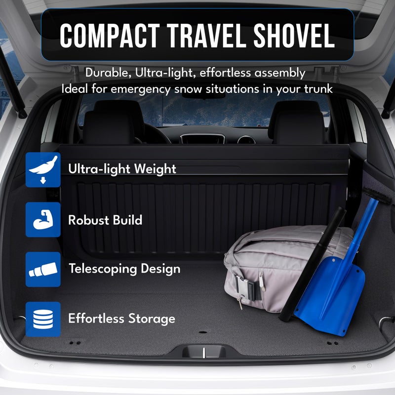 EcoNour 32" Multipurpose Snow Shovel for Car Driveway | Lightweight Aluminum Shovel for Snow, Sand, and Garden Use | Heavy-Duty, Foldable 3-Piece Shovel for Car, Home, and Outdoors (Blue) - Image 5