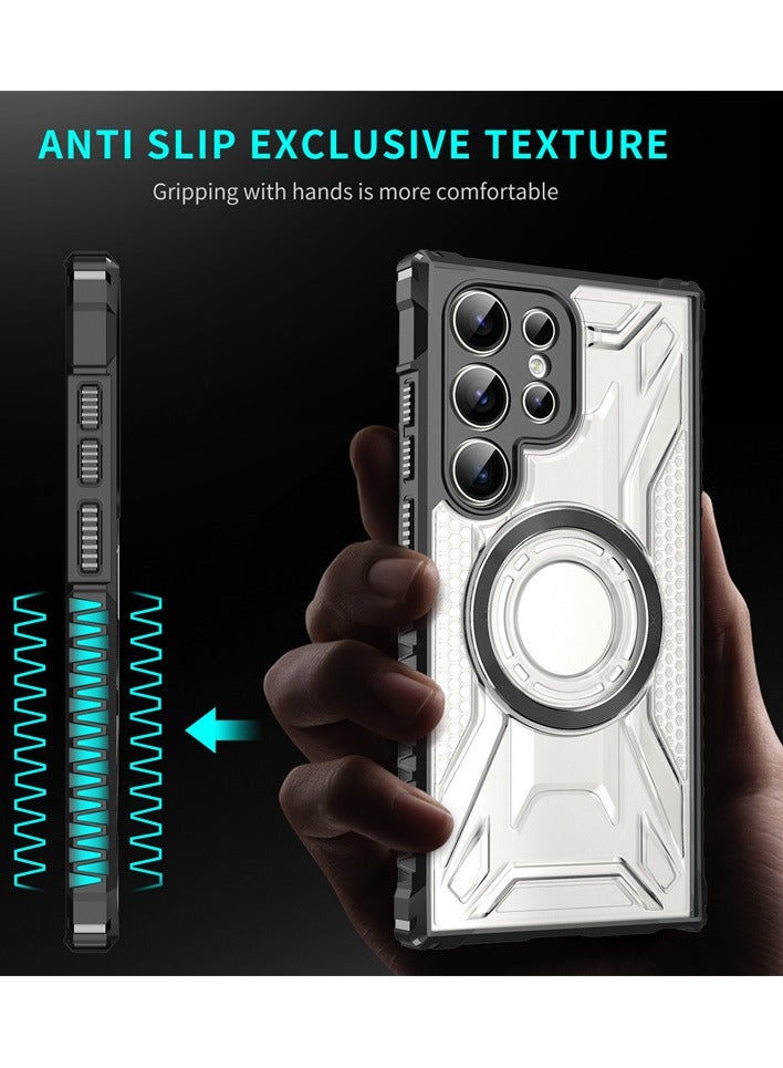 عام غطاء سامسونج جالكسي إس 25 الترا المغناطيسي الشفاف مع جوانب مضادة للانزلاق ووسائد هوائية عسكرية في الزوايا يدعم تقنية ماج سيف الكامل ويوفر تثبيتًا مغناطيسيًا قويًا مع حماية ضد الصدمات لهاتف جالكسي إس - Image 4