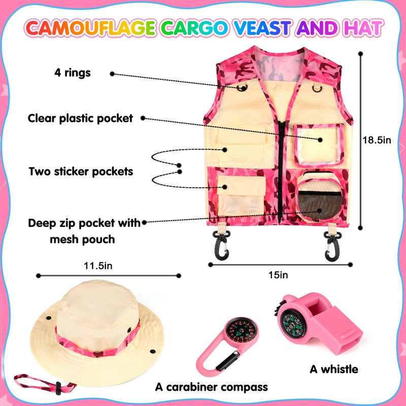 INNOCHEER Kids Explorer Kit & Bug Catcher Kit & Safari Costume Kit, Outdoor Exploration Set with Hat, Vest, Butterfly Net and Bugs Book for Boys Girls 3-12 Years Old (Camouflage Pink) - Image 3