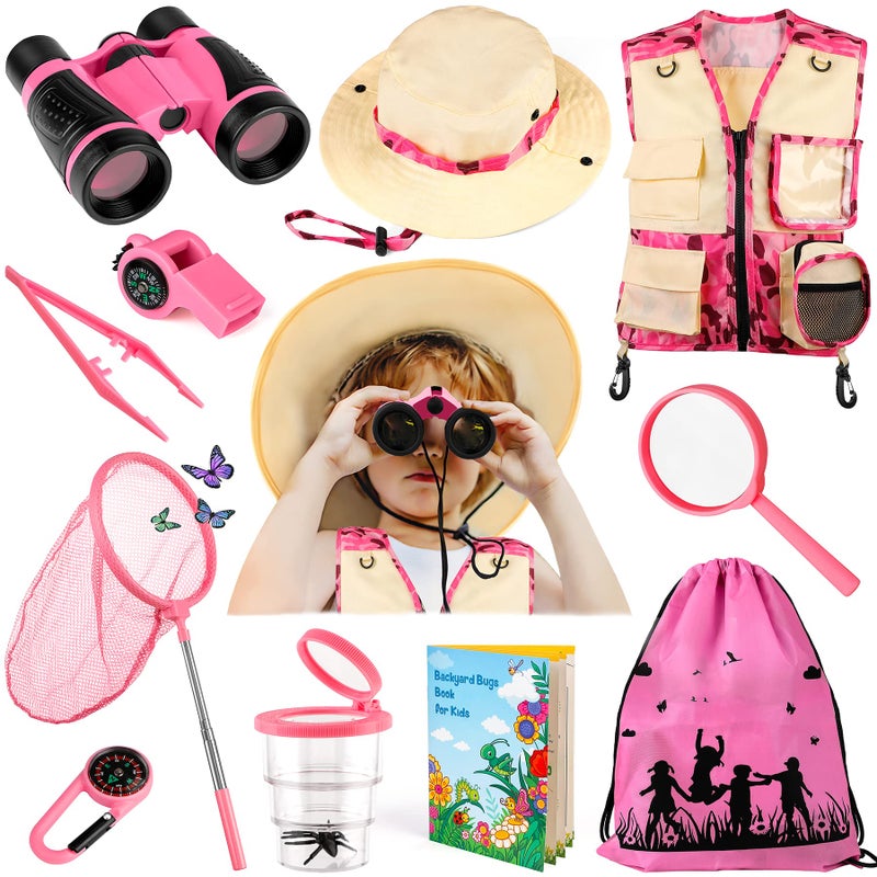 INNOCHEER Kids Explorer Kit & Bug Catcher Kit & Safari Costume Kit, Outdoor Exploration Set with Hat, Vest, Butterfly Net and Bugs Book for Boys Girls 3-12 Years Old (Camouflage Pink) - Image 1