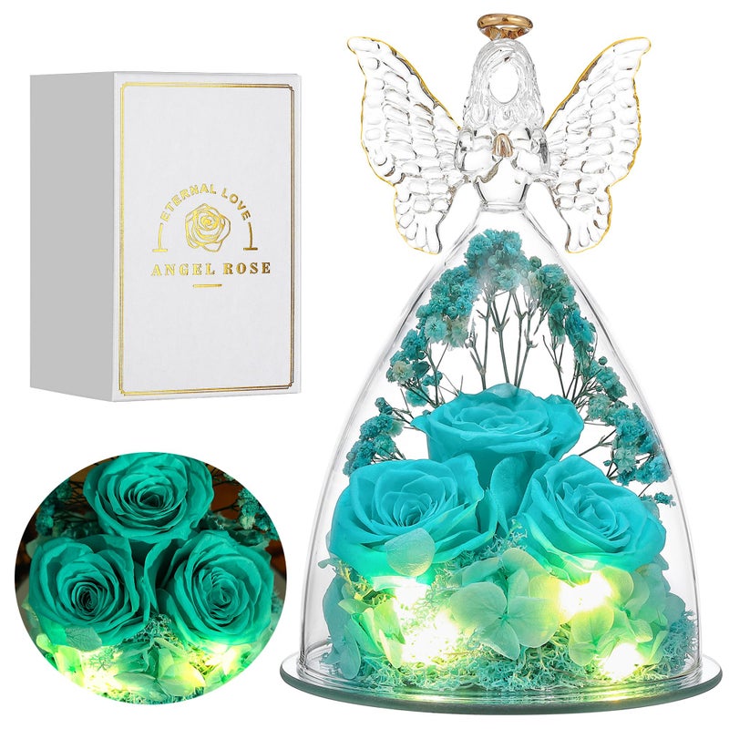 Tiaronics Mothers Day Mom Gifts for Women Preserved Flowers in Glass Angel Forever Flowers Gifts Eternal Roses Gifts for Grandma Tify Blue
