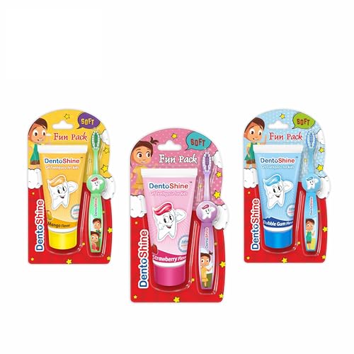 DentoShine Gel Toothpaste for Kids | Pack of 3 Flavors (Strawberry, Mango & Bubblegum (fun pack), 80g each) | IDA Accepted | Ages 2+ - Image 1