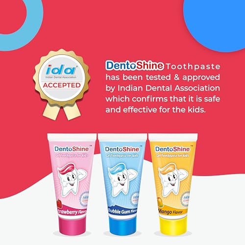DentoShine Gel Toothpaste for Kids | Pack of 3 Flavors (Strawberry, Mango & Bubblegum (fun pack), 80g each) | IDA Accepted | Ages 2+ - Image 2