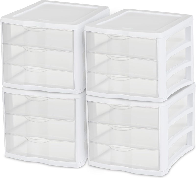 Sterilite 4-Pack 3 Drawer Unit, Plastic Desktop Organizer with Clear Drawers, White Frame - Stackable Multi-Purpose Storage for Office Supplies, Craft Rooms, Classrooms and Home Organization - Image 1